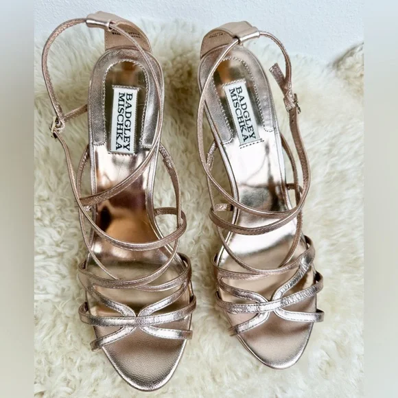 Badgley Mischka Gold Leather Metallic Strappy Stiletto Heels Sz 8.5 - Picture 6 of 10